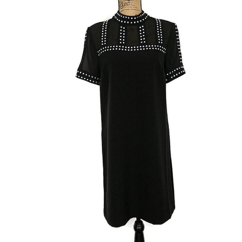 NWT Tahari Womens sz 8 Dress Shift Black Rhinestone Sheer Neck Short Sleeve
